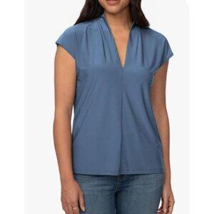 Buffalo David Bitton Blouse Shirt Womens Small Blue Cap Sleeve Vneck